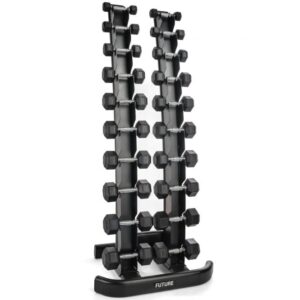 1 - 10kg Hex Rubber Dumbbell Set & Vertical Rack